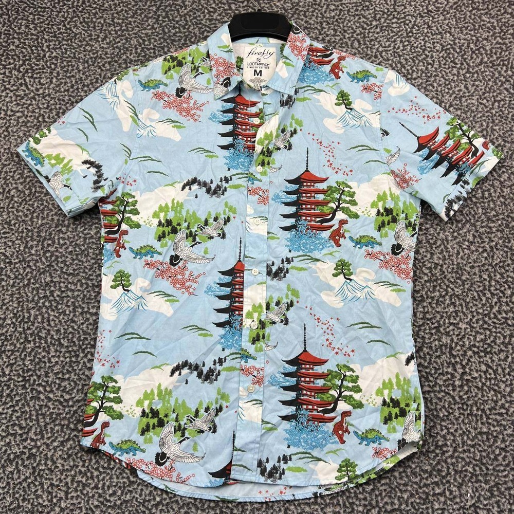 Firefly Button Up Shirt Men Medium Blue Dinosaur Pagoda Short Sleeve M